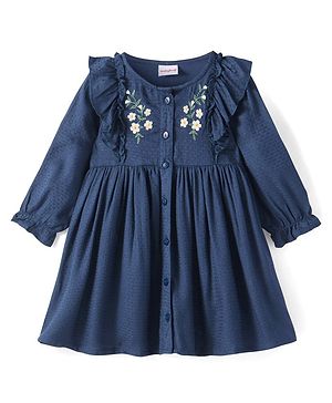 Babyhug Viscose Woven Full Sleeves Frock With Frill Detail & Floral Embroidery - Navy