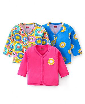 Babyhug 100% Cotton Knit Full Sleeves  Front Open Jhablas with Floral & Stamp Print Pack of 3 - Red & Blue