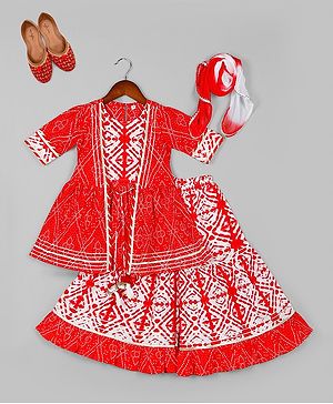 Naughty Ninos Pure Cotton Half Sleeves Ethnic Motifs Printed Gotta Patti Kurta & Sharara with Dupatta Set - Red