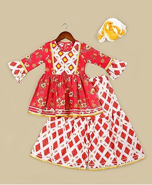 Naughty Ninos Pure Cotton Bell Sleeves Floral Printed Gotta Patti Kurta & Sharara with Dupatta Set - Red