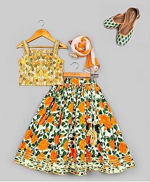 Naughty Ninos Pure Cotton Sleeveless Khari Printed Gotta Patti Lehenga & Choli with Dupatta Set - Orange