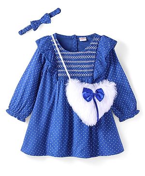 Babyhug Viscose Woven Full Sleeves Frill Detailed Frock With Polka Dots Print Headband & Sling Bag - Blue