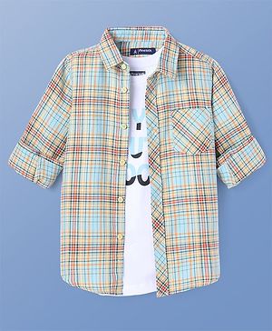 Pine Kids Cotton Woven Full Sleeves Checks Shirt With Inner Tee - Sea Green