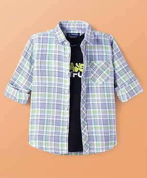 Pine Kids Cotton Woven Full Sleeves Checkered Shirt With Printed T-Shirt - White