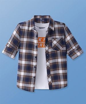Pine Kids Cotton Woven Full Sleeves  Checkered Shirt with Inner Tee Text Print - Navy & White