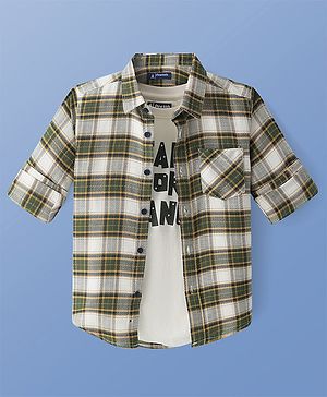 Pine Kids Cotton Woven Full Sleeves Checkered Shirt with Inner Tee - Olive Green