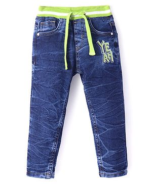 Babyhug Denim Full Length Washed Jeans with Stretch Text Print - Navy