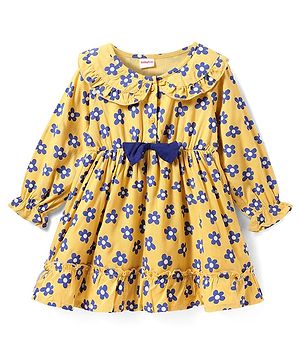Babyhug Viscose Woven Full Sleeves Floral Printed Frock with Peter Pan Collar & Bow Detailing - Yellow
