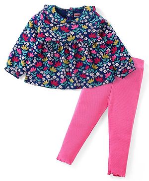 Babyhug Cotton Knit Full Sleeves Peter Pan Collared Floral Printed Top & Leggings Set - Navy & Pink