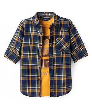 Pine Kids Cotton Woven Full Sleeves Checks Shirt With Inner Tee - Navy & Orange