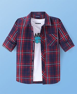 Pine Kids Cotton Woven Full Sleeves Checkered Shirt with Text Printed Inner Tee - Navy Blue