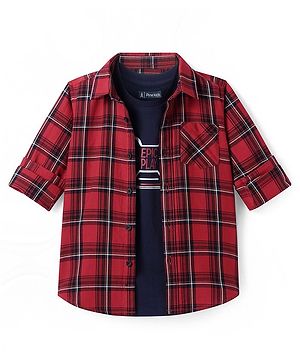 Pine Kids Cotton Woven Full Sleeves Regular Collar Shirt With Checks & Printed Inner Tee - Dark Red & Black