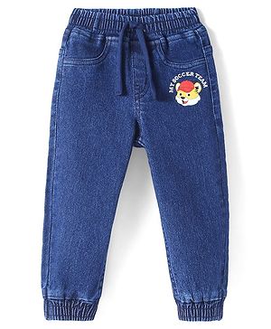 Babyhug Denim Washed Full Length Joggers With Stretch & Cub Face Print - Navy Blue