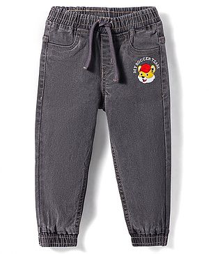 Babyhug Denim Washed Full Length Joggers With Stretch & Cub Face Print - Grey Babyhug Denim Washed Full Length Joggers With Stretch & Cub Face Print - Grey
