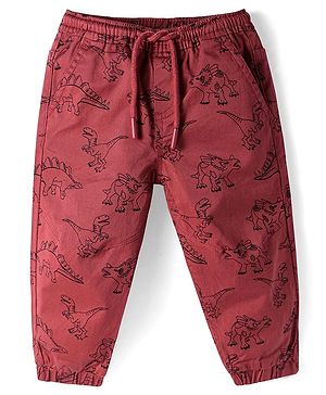 Babyhug Full Length Joggers With Dino Print _ Dark Red Babyhug Full Length Joggers With Dino Print _ Dark Red
