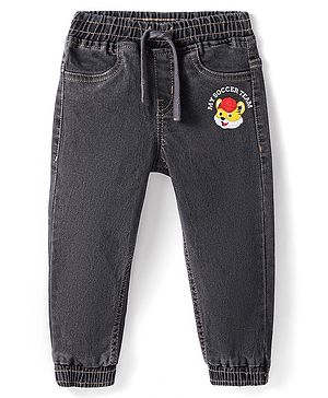 Babyhug Denim Full Length Washed Joggers with Stretch & Lion Print - Charcoal Grey Babyhug Denim Full Length Washed Joggers with Stretch & Lion Print - Charcoal Grey