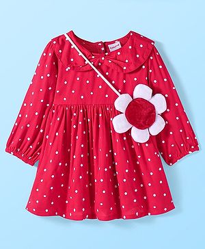 Babyhug Woven Full Sleeves Frock with Sling Bag  Floral Print & Bow Detailing - Dark Pink