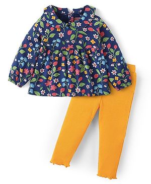 Babyhug Cotton Knit Full Sleeves Peter Pan Collared Floral Printed Top & Leggings Set - Multicolor