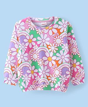 Babyhug Cotton Knit Full Sleeves Floral Printed Sweatshirt - Pink & White