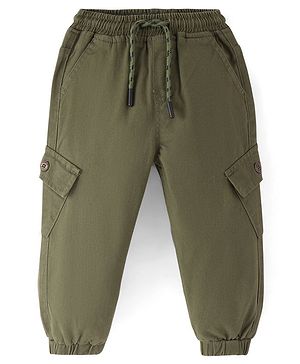 Babyhug Twill Lycra Full Length Solid Color Stretchable Joggers - Olive Green