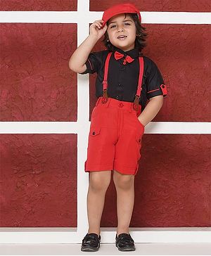 AJ Dezines Cotton Blend Half Sleeves Solid Shirt With Pant Suspenders And Bow Tie - Red