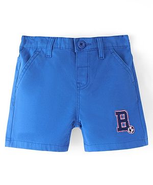 Babyhug Twill Woven Mid Thigh Stretchable Text Embroidered Solid Color Shorts - Blue Babyhug Twill Woven Mid Thigh Stretchable Text Embroidered Solid Color Shorts - Blue