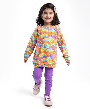 Babyhug 100% Cotton Oversized Tunic Length Sweat Shirt & Ribbed Legging with Rainbow Print - Multi Colour