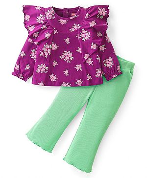 Babyhug Cotton Knit Full Sleeves Frill Detail & Floral Printed Top With Leggings - Purple & Green