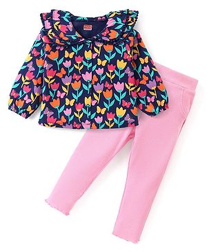 Babyhug Cotton Knit Full Sleeves Floral Printed Top & Leggings Set - Navy & Pink