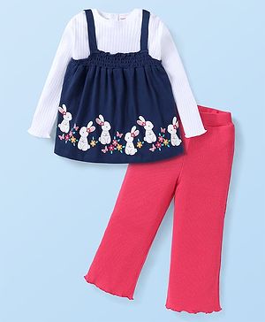 Babyhug Single Jersey Full Sleeves T-Shirt with Bunny Printed Top & Lounge Pant- Navy & Dark Pink