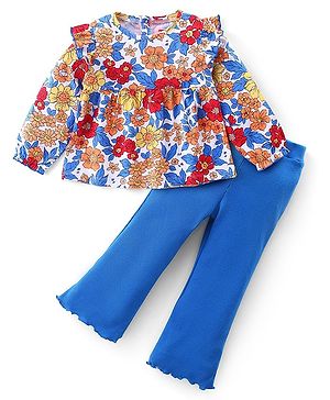 Babyhug Cotton Knit Full Sleeves Floral Printed Top With Frill Detail & Leggings Set - Multicolor