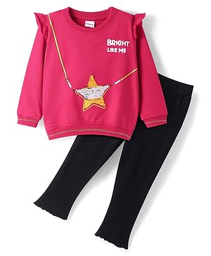 Babyhug Single Jersey Full Sleeves Frill Detailing Top with Reversible Sequin Star and Solid Leggings Set -  Dark Pink