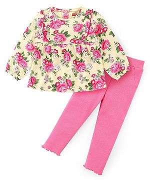 Babyhug Cotton Knit Full Sleeves Top & Lounge Pants Set With Floral Print - Cream & Pink