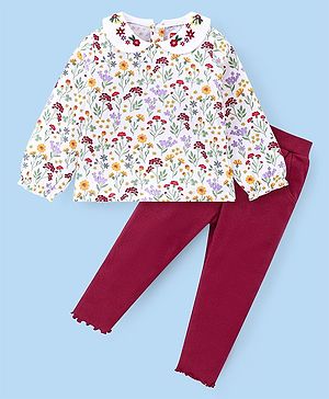 Babyhug Cotton Knit Full Sleeves Peter Pan Collared Top & Lounge Pants Set With Floral Print - White & Pink