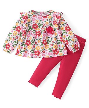 Babyhug Cotton Knit Full Sleeves Floral Printed Frill Detailed Top & Leggings Set - Red & White
