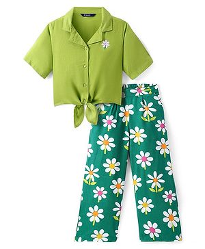 Pine Kids Cotton Woven Half Sleeves Shirt Style Top & Lounge Pants With Floral Print & Embroidery - Lime Green