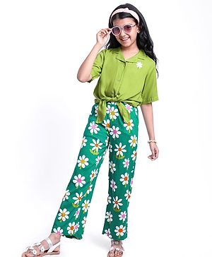 Pine Kids Cotton Woven Half Sleeves Shirt Style Top & Lounge Pants With Floral Print & Embroidery - Lime Green