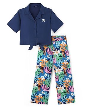 Pine Kids Cotton Woven Half Sleeves Shirt Style Top & Lounge Pants With Floral Print & Embroidery - Navy