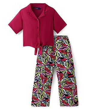 Pine Kids Cotton Woven Half Sleeves Solid Shirt Style Top & Printed Lounge Pants - Maroon