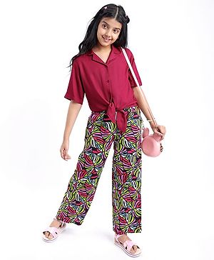 Pine Kids Cotton Woven Half Sleeves Solid Shirt Style Top & Printed Lounge Pants - Maroon