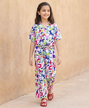 Pine Kids Cotton Woven Half Sleeves Printed Shirt Style Top & Culottes Co-Ord Set - White