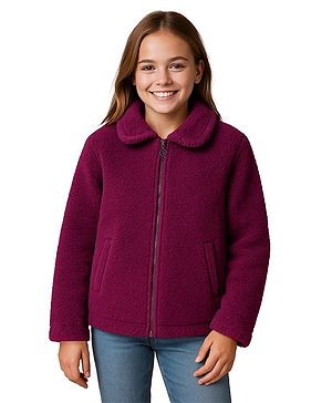 Pine Kids Woven Full Sleeves Collar Neck Front Open Solid Colour Winter Jacket - Burgundy