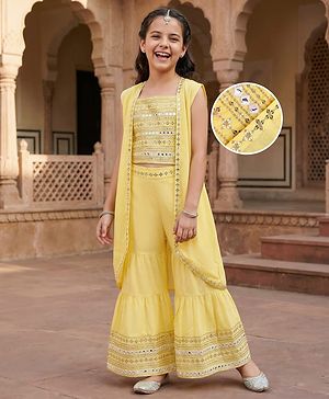 Pine Kids Woven Sequinned Sleeveless Top & Palazzo Set with Shrug-  Light Yellow