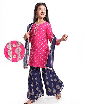 Pine Kids  Woven Three Fourth Sleeves  Foil Printed Kurta Gharara &  Dupatta Set with Embroidered Detailing - Dark Pink