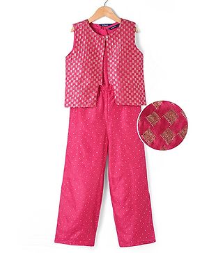 Pine Kids Woven Sleeveless Jumpsuit & Jacket Indo Western Sets with Checkered Embroidery & Polka Dot Foil Print - Dark Pink