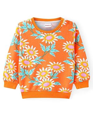 Babyhug Cotton Knit Full Sleeves Sweatshirt with Floral Print - Orange