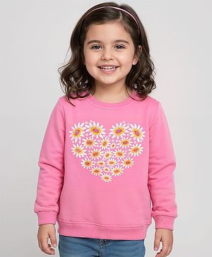 Babyhug Cotton Knit Full Sleeves Sweatshirt with Floral Heart Print - Pink
