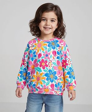 Babyhug Cotton Knit Full Sleeves Sweatshirt with Floral Print - White
