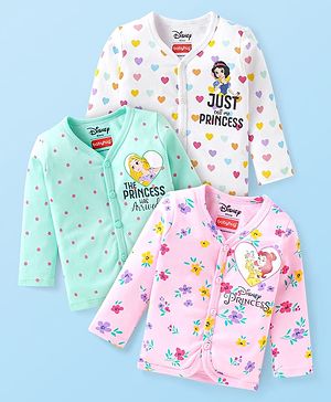 Babyhug Disney Interlock Knit Full Sleeves Jhablas with Disney Princess Graphics Pack of 3 - White Pink & Sea Green