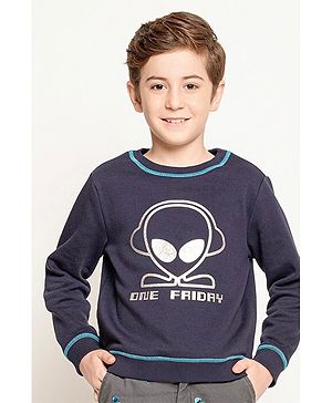 One Friday Cotton Full Sleeves Alien Printed Sweatshirt - Navy Blue